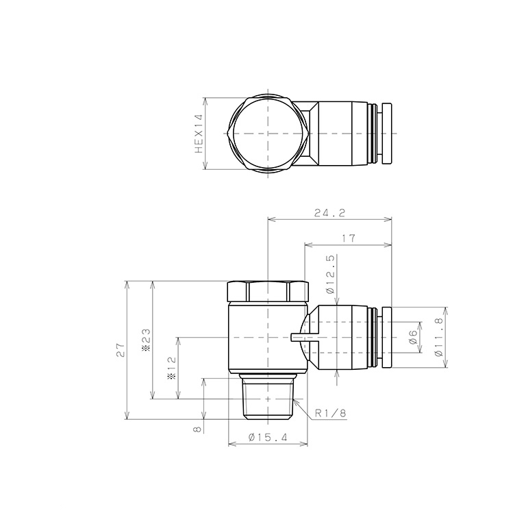 Bản vẽ kỹ thuật Đầu Nối Nhanh Khí Nén Cong 90° Đầu Lục Giác Trụ Ren Ngoài Pisco PH6-01-UC