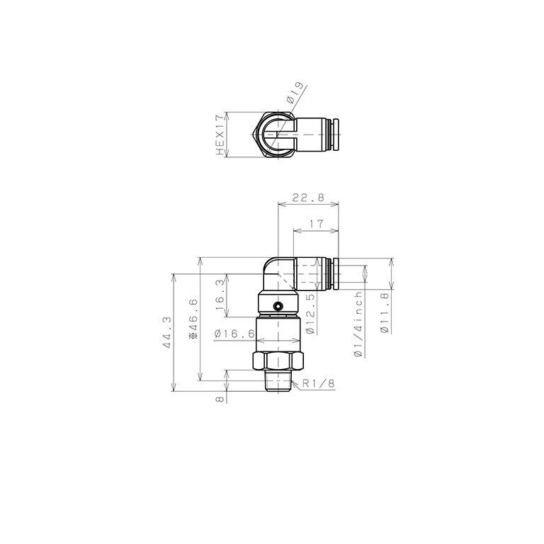 Bản vẽ kỹ thuật Đầu Nối Nhanh Khí Nén Dạng Cong 90° Ren Ngoài Có Khớp Xoay Tốc Độ Cao Pisco RHL1/4-01