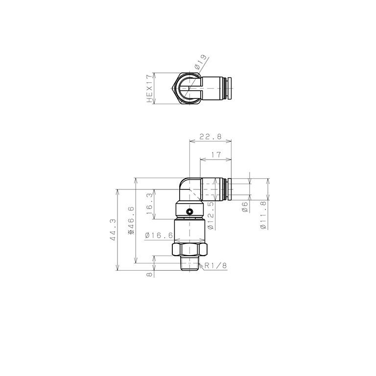 Bản vẽ kỹ thuật Đầu Nối Nhanh Khí Nén Dạng Cong 90° Ren Ngoài Có Khớp Xoay Tốc Độ Cao Pisco RHL6-01