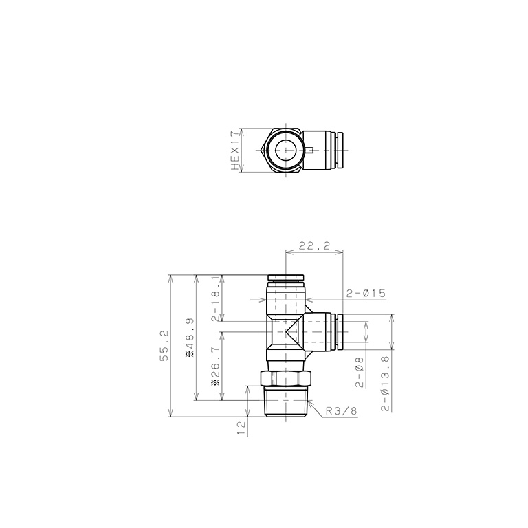 Bản vẽ kỹ thuật Đầu Nối Nhanh Khí Nén Dạng Chữ T Ren Ngoài Pisco SPPD8-03
