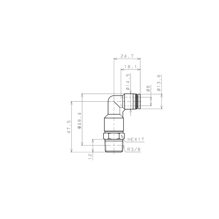 Bản vẽ kỹ thuật Đầu Nối Nhanh Khí Nén Dạng Cong 90° Ren Ngoài (Dài) Pisco PLL8-03W