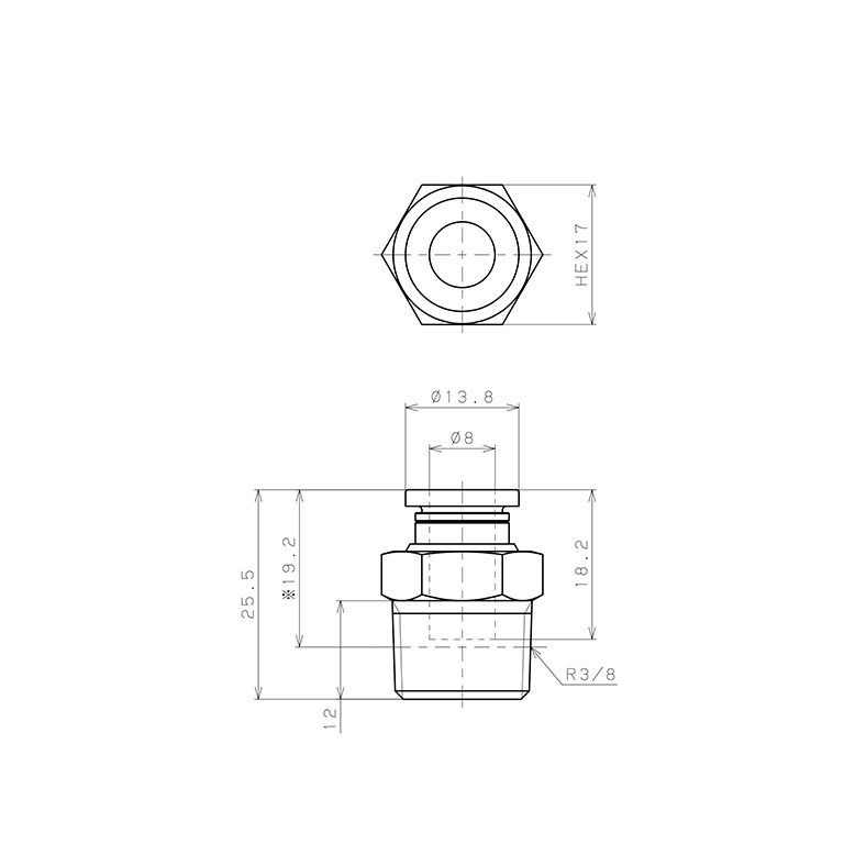 Bản vẽ kỹ thuật Đầu Nối Nhanh Khí Nén Dạng Thẳng Thân Lục Giác Ren Ngoài Pisco PC8-03EG