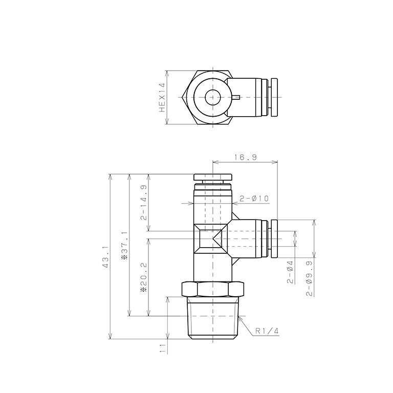 Bản vẽ kỹ thuật Đầu Nối Nhanh Khí Nén Dạng Chữ T Ren Ngoài Pisco SPPD4-02SP