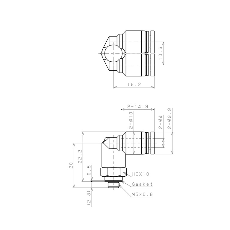 Bản vẽ kỹ thuật Đầu Nối Nhanh Khí Nén Hai Nhánh Cong 90° Ren Ngoài Pisco PAX4-M5