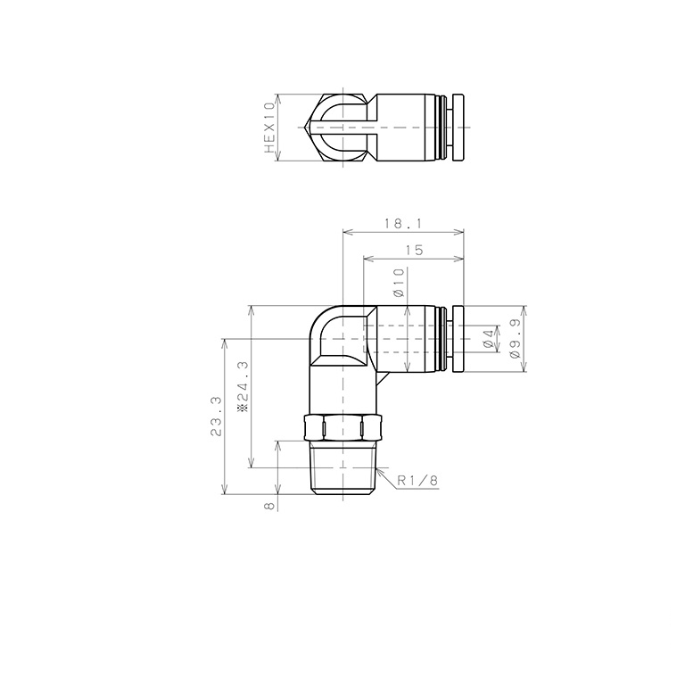 Bản vẽ kỹ thuật Đầu Nối Nhanh Khí Nén Dạng Cong 90° Ren Ngoài Pisco PPL4-01SUS-S