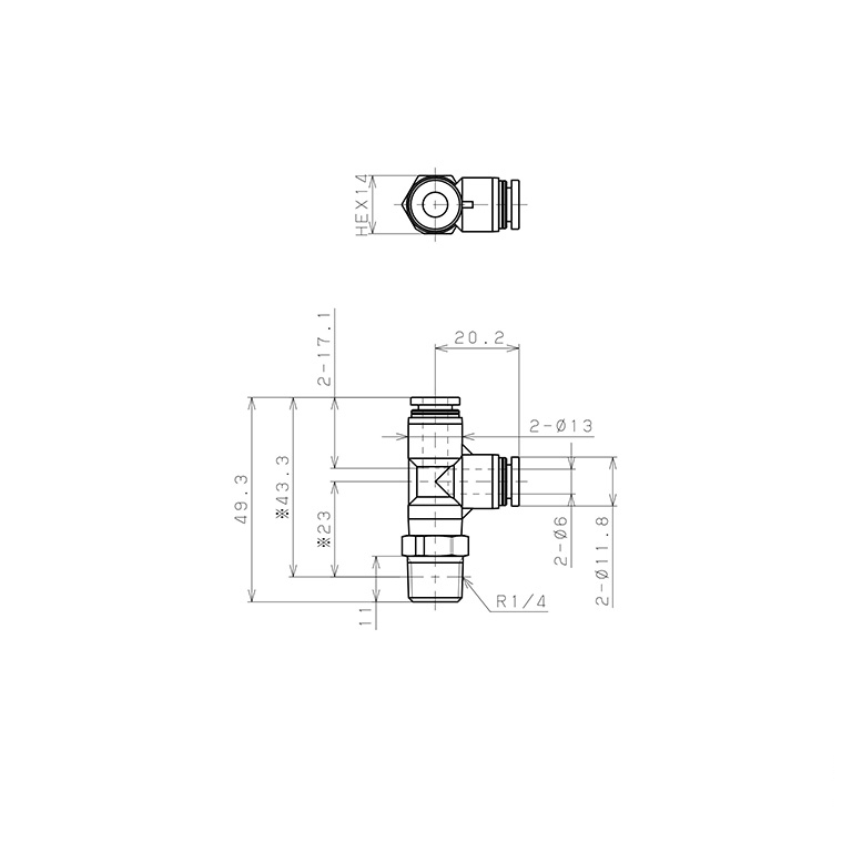 Bản vẽ kỹ thuật Đầu Nối Nhanh Khí Nén Dạng Chữ T Ren Ngoài Pisco PPD6-02-TP