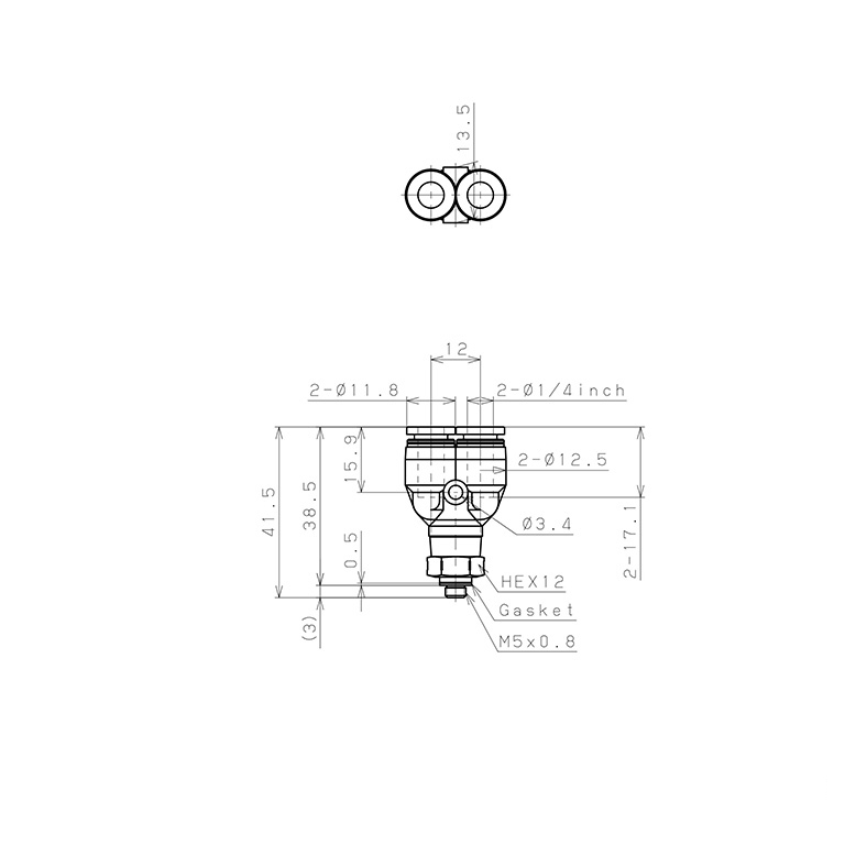 Bản vẽ kỹ thuật Đầu Nối Nhanh Khí Nén Dạng Chữ Y Ren Ngoài Pisco PPX1/4-M5SUS