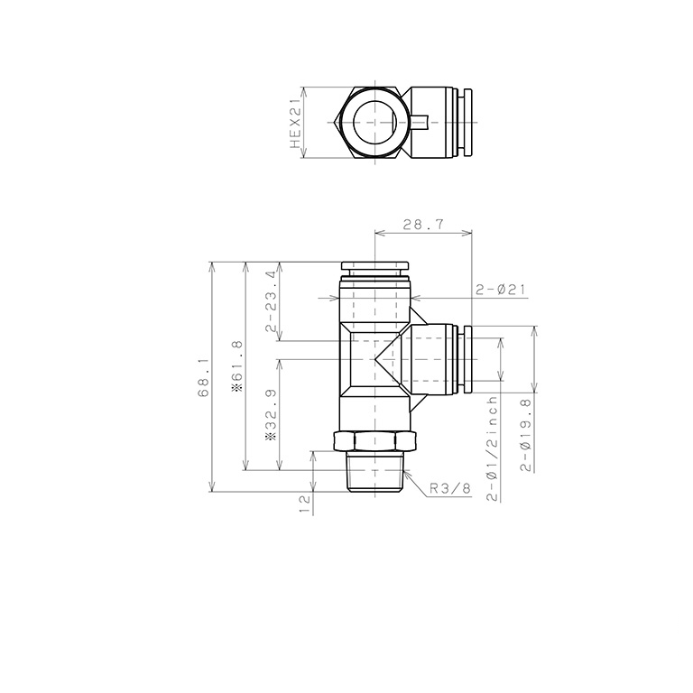 Bản vẽ kỹ thuật Đầu Nối Nhanh Khí Nén Dạng Chữ T Ren Ngoài Pisco PPD1/2-03SUS-F