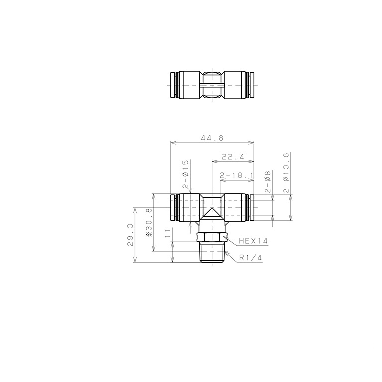 Bản vẽ kỹ thuật Đầu Nối Nhanh Khí Nén Dạng Chữ T Ren Ngoài Pisco PPB8-02SUS-S