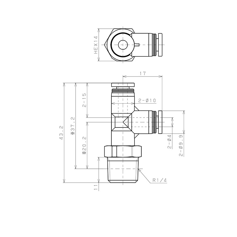 Bản vẽ kỹ thuật Đầu Nối Nhanh Khí Nén Dạng Chữ T Ren Ngoài Pisco PPD4-02