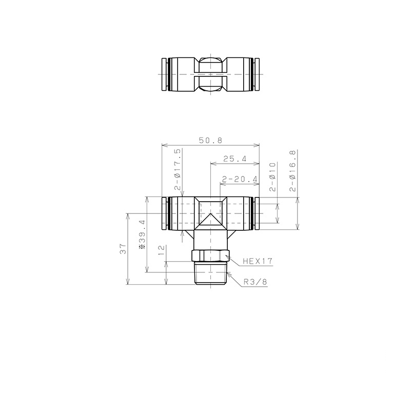Bản vẽ kỹ thuật Đầu Nối Nhanh Khí Nén Dạng Chữ T Ren Ngoài Pisco PPB10-03-TP