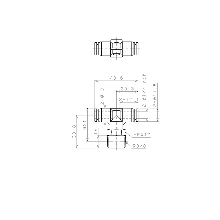 Bản vẽ kỹ thuật Đầu Nối Nhanh Khí Nén Dạng Chữ T Ren Ngoài Pisco PPB1/4-03SUS-F