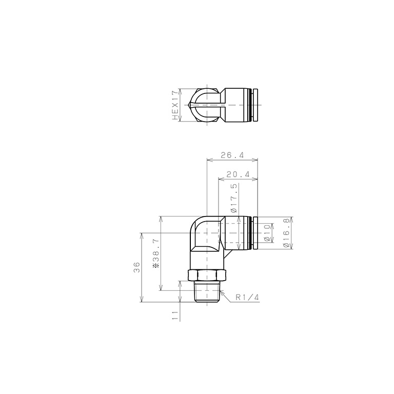 Bản vẽ kỹ thuật Đầu Nối Nhanh Khí Nén Dạng Cong 90° Ren Ngoài Pisco PL10-02SUS