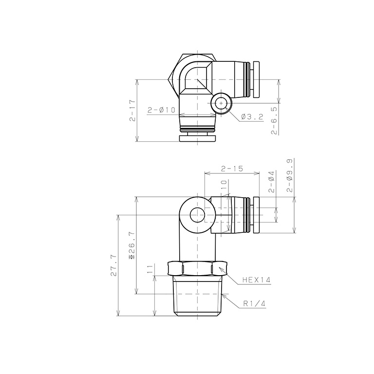 Bản vẽ kỹ thuật Đầu Nối Nhanh Khí Nén Hai Nhánh Chạc Ba Cong 90° Ren Ngoài Pisco PVX4-02SUS