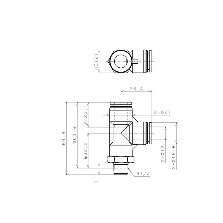 Bản vẽ kỹ thuật Đầu Nối Nhanh Khí Nén Dạng Chữ T Ren Ngoài Pisco PD12-02SUS