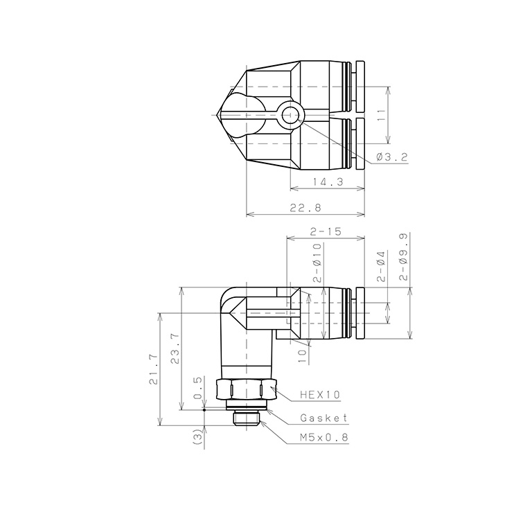 Bản vẽ kỹ thuật Đầu Nối Nhanh Khí Nén Hai Nhánh Cong 90° Ren Ngoài Pisco PAX4-M5SUS
