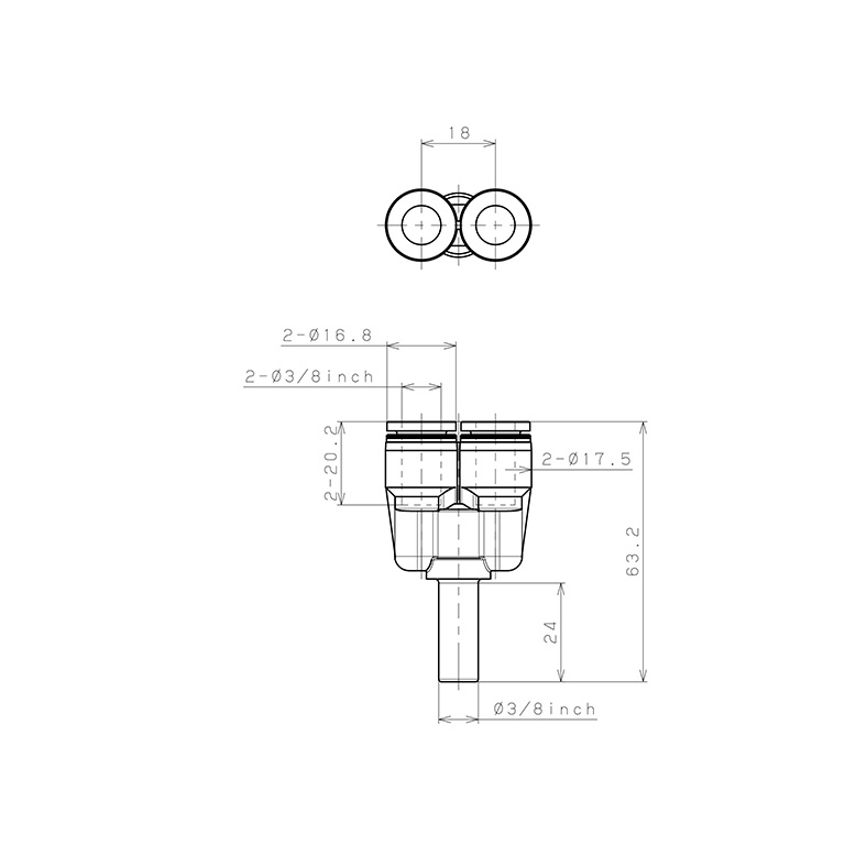 Bản vẽ kỹ thuật Đầu Nối Nhanh Khí Nén Giữa Ống Khí Và Fitting Dạng Chữ Y Pisco PYJ3/8W