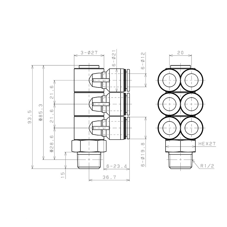 Bản vẽ kỹ thuật Đầu Nối Nhanh Khí Nén Sáu Nhánh Cong 90° Thân Lục Giác Trụ Ren Ngoài Pisco PAT12-04