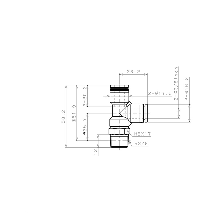 Bản vẽ kỹ thuật Đầu Nối Nhanh Khí Nén Dạng Chữ T Ren Ngoài Pisco PD3/8-03W