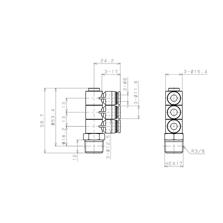 Bản vẽ kỹ thuật Đầu Nối Nhanh Khí Nén Ba Nhánh Cong 90° Thân Lục Giác Trụ Ren Ngoài Pisco PHT6-03W-C