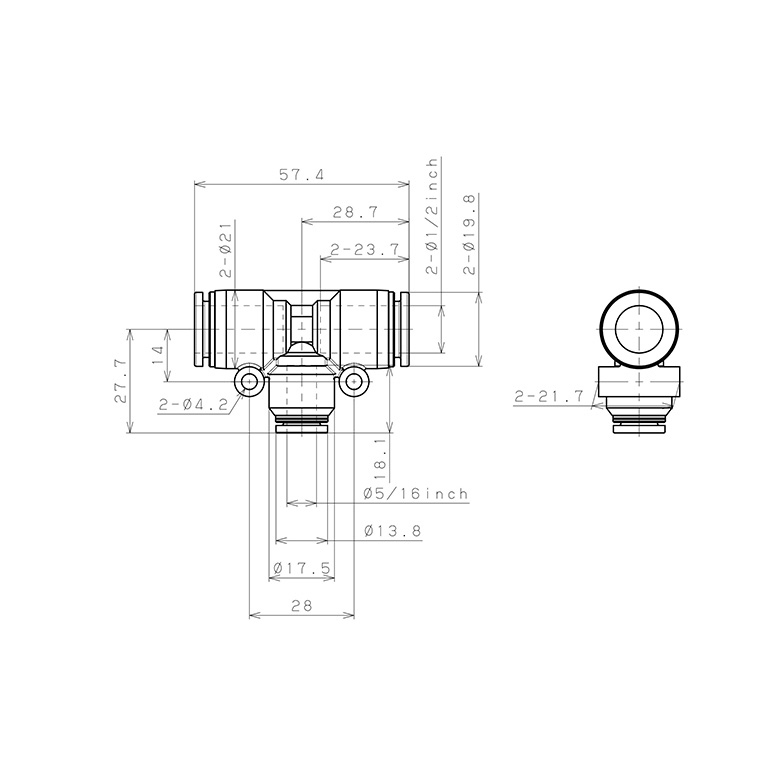 Bản vẽ kỹ thuật Đầu Nối Nhanh Khí Nén Chữ T Dạng Nối Giảm Pisco PEG1/2-5/16-C