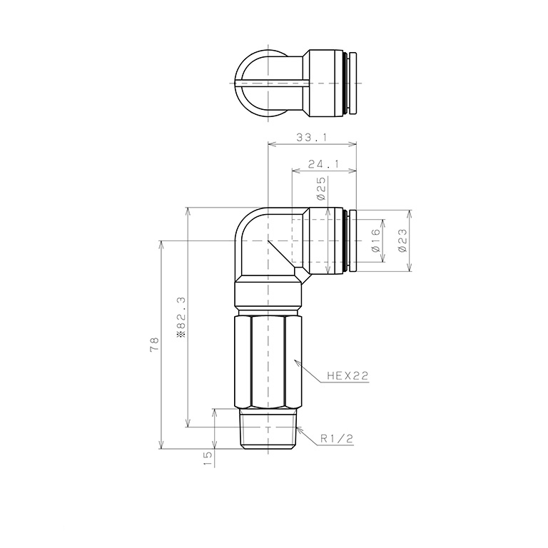 Bản vẽ kỹ thuật Đầu Nối Nhanh Khí Nén Dạng Cong 90° Ren Ngoài (Dài) Pisco PLL16-04-UC