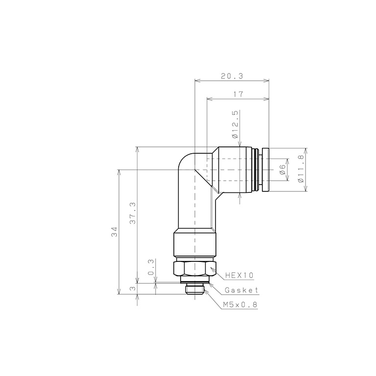 Bản vẽ kỹ thuật Đầu Nối Nhanh Khí Nén Dạng Cong 90° Ren Ngoài (Dài) Pisco PLL6-M5-C