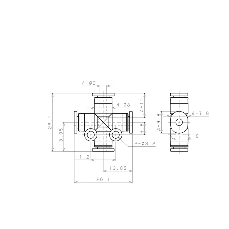 Bản vẽ kỹ thuật Đầu Nối Nhanh Khí Nén Ngã 4 Pisco PZA3MW
