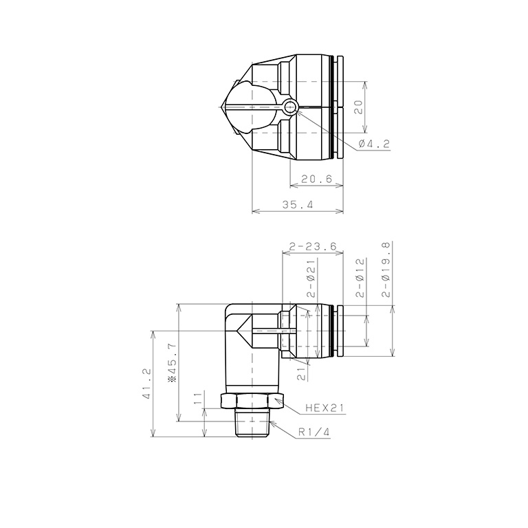 Bản vẽ kỹ thuật Đầu Nối Nhanh Khí Nén Hai Nhánh Cong 90° Ren Ngoài Pisco PAX12-02SUS