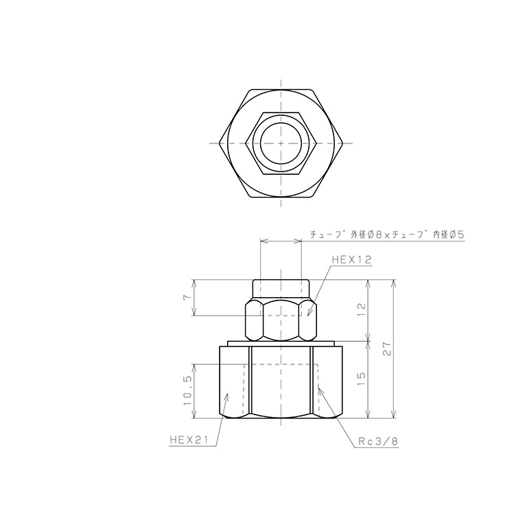 Bản vẽ kỹ thuật Đầu Ngạnh Nối Ống Có Đai Ốc Xiết Dạng Thẳng Thân Lục Giác Ren Trong Pisco NKCF0850-03