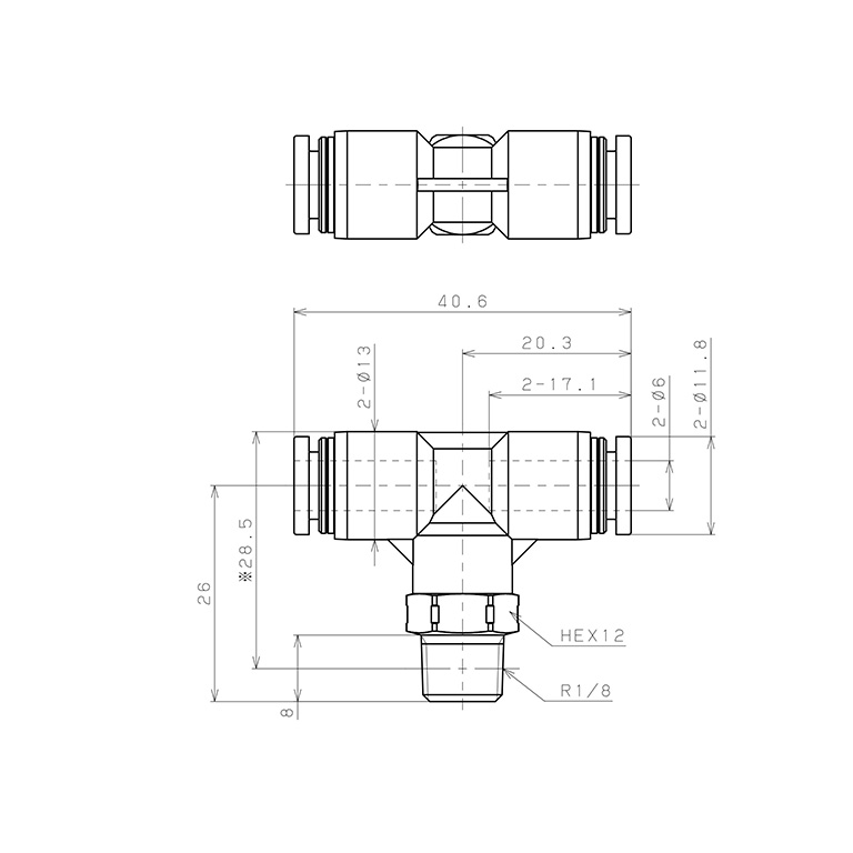 Bản vẽ kỹ thuật Đầu Nối Nhanh Khí Nén Dạng Chữ T Ren Ngoài Pisco PB6-01SUS