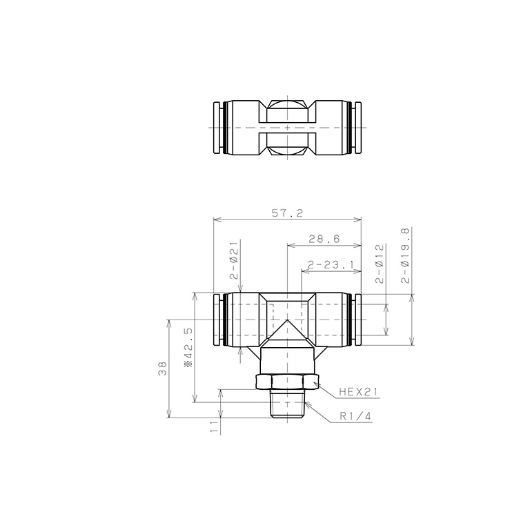 Bản vẽ kỹ thuật Đầu Nối Nhanh Khí Nén Dạng Chữ T Ren Ngoài Pisco PB12-02SUS