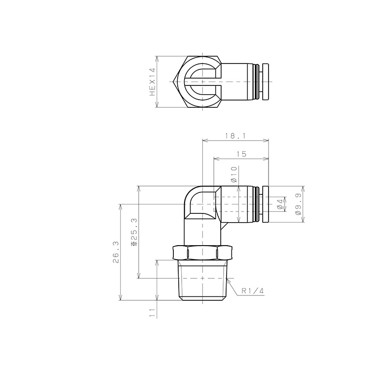 Bản vẽ kỹ thuật Đầu Nối Nhanh Khí Nén Dạng Cong 90° Ren Ngoài Pisco PL4-02SUS