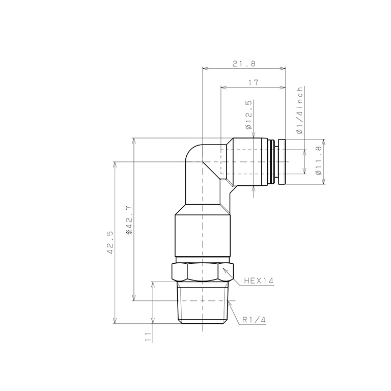 Bản vẽ kỹ thuật Đầu Nối Nhanh Khí Nén Dạng Cong 90° Ren Ngoài (Dài) Pisco PLL1/4-02W