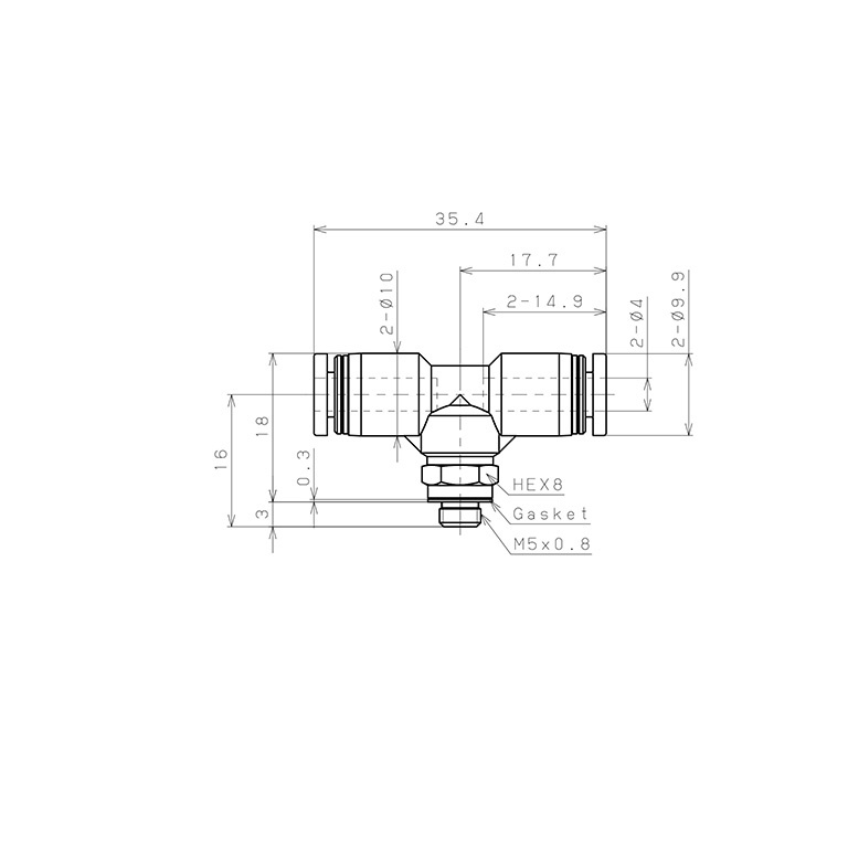 Bản vẽ kỹ thuật Đầu Nối Nhanh Khí Nén Dạng Chữ T Ren Ngoài Pisco PB4-M5-C