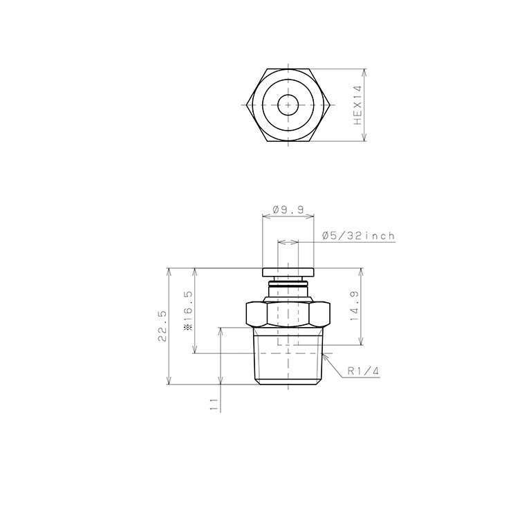 Bản vẽ kỹ thuật Đầu Nối Nhanh Khí Nén Dạng Thẳng Thân Lục Giác Ren Ngoài Pisco PC5/32-02-C