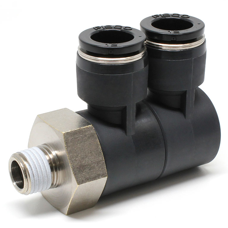 Đầu Nối Nhanh Khí Nén Hai Nhánh Cong 90° Thân Lục Giác Trụ Ren Ngoài Pisco PHW12-02