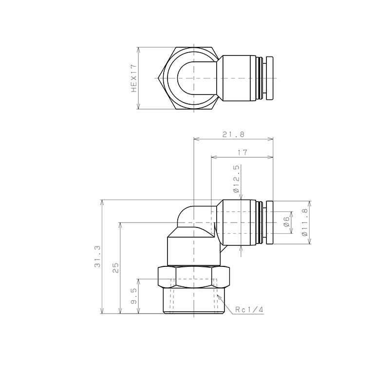Bản vẽ kỹ thuật Đầu Nối Nhanh Khí Nén Dạng Cong 90° Ren Trong Pisco PLF6-02-C