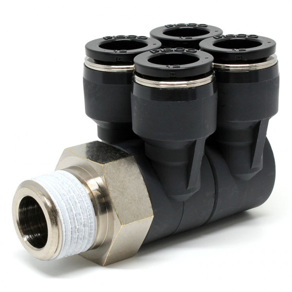 Đầu Nối Nhanh Khí Nén Bốn Nhánh Cong 90° Thân Lục Giác Trụ Ren Ngoài Pisco PAW12-04