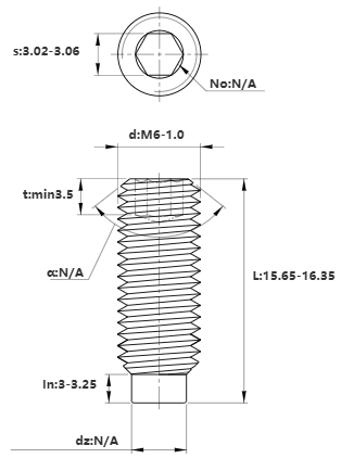 Bản vẽ kỹ thuật Vít Trí Đuôi Trụ Thép Đen 10.9 DIN915 M6x16