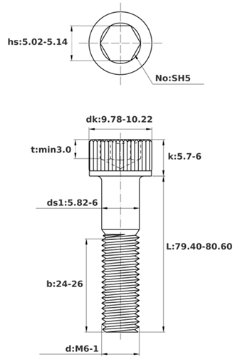 Bản vẽ kỹ thuật Lục Giác Chìm Đầu Trụ Inox 304 DIN912 M6x80 Ren Lửng