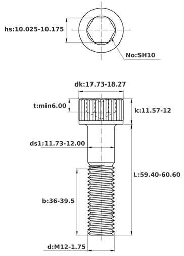 Bản vẽ kỹ thuật Lục Giác Chìm Đầu Trụ Inox 316 DIN912 M12x60 Ren Lửng