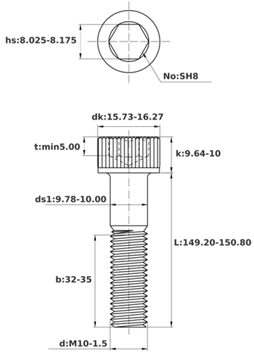 Bản vẽ kỹ thuật Lục Giác Chìm Đầu Trụ Inox 304 DIN912 M10x150 Ren Lửng