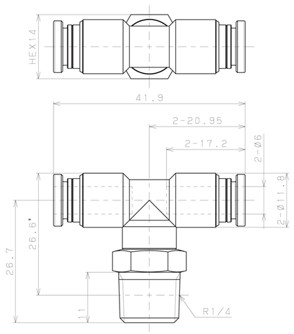 Bản vẽ kỹ thuật Đầu Nối Nhanh Khí Nén Dạng Chữ T Ren Ngoài Pisco KB6-02-1-F