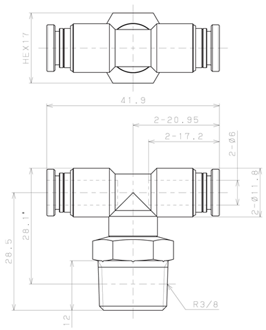 Bản vẽ kỹ thuật Đầu Nối Nhanh Khí Nén Dạng Chữ T Ren Ngoài Pisco KB6-03-1-F