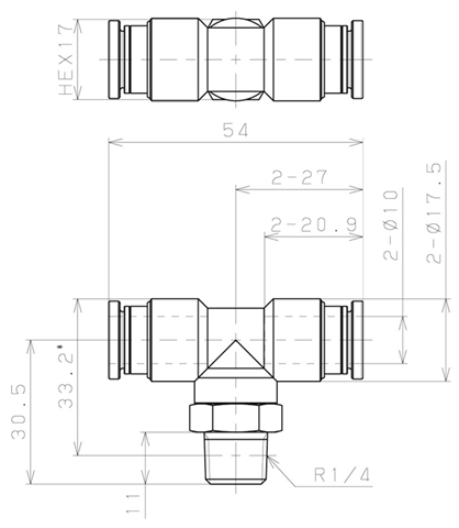 Bản vẽ kỹ thuật Đầu Nối Nhanh Khí Nén Dạng Chữ T Ren Ngoài Pisco KB10-02-1