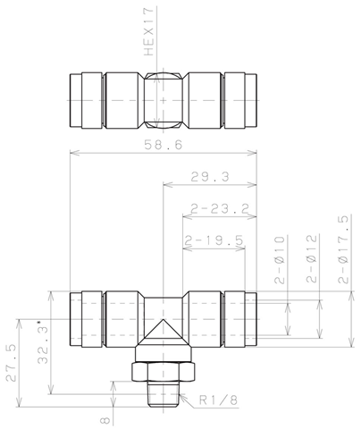 Bản vẽ kỹ thuật Đầu Nối Nhanh Khí Nén Dạng Chữ T Ren Ngoài Pisco KB10-01-F