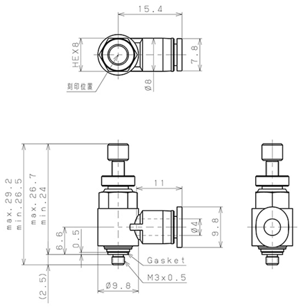 Bản vẽ kỹ thuật Van Tiết Lưu Khí Nén Cong 90° OD 4mm Ren Ngoài M3 Pisco JSC4-M3A