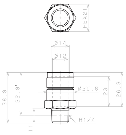 Bản vẽ kỹ thuật Đầu Nối Nhanh Khí Nén Thẳng Phi 12mm Ren Ngoài R1/4 Pisco KC12-02