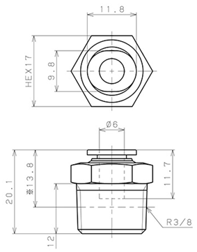 Bản vẽ kỹ thuật Đầu Nối Nhanh Khí Nén Dạng Thẳng Thân Lục Giác Ren Ngoài Pisco PC6-03M